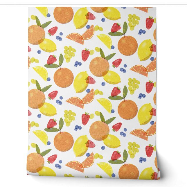 Midden Mod Grungy Risograph Keuken Fruit Behang (Afrollen)