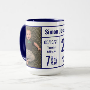 Middenblauwe baby jongen foto geboorte statistiek mok