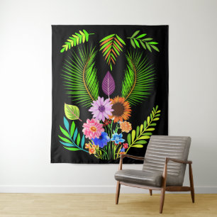 Middernacht Bladeren & Botanische Bloemen op Zwart Wandkleed