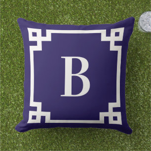 Middernacht Blau Griekse Sleutelrand Monogram Buitenkussen