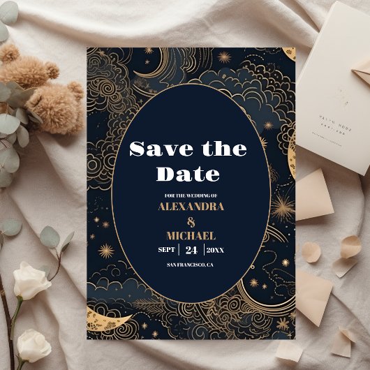 Middernacht Blauw Gouden Hemelse Bruiloft Save The Date