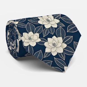 Middernacht Blauw Ivoor Magnolia Modern Bloemmotie Stropdas