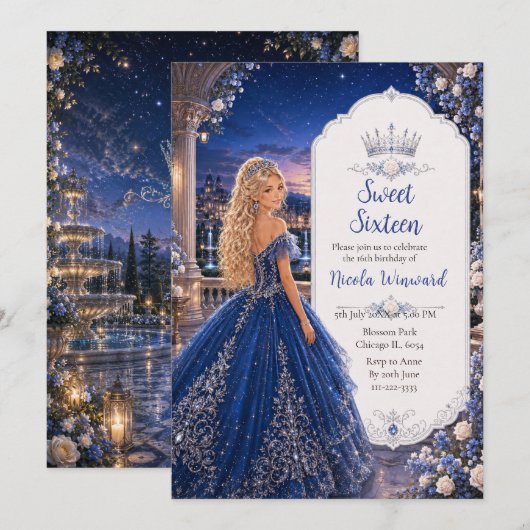 Middernacht Blauwe Sweet 16 Prinsessen Tuin Kaart (Voorkant / Achterkant)