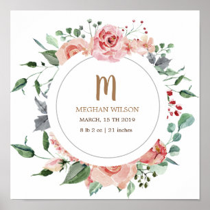 Middernacht Bloom Monogram Baby Geboorte Poster