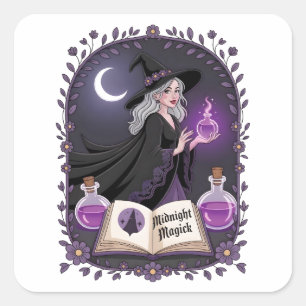 Middernacht Magie Illustratie van een Jonge Heks Vierkante Sticker