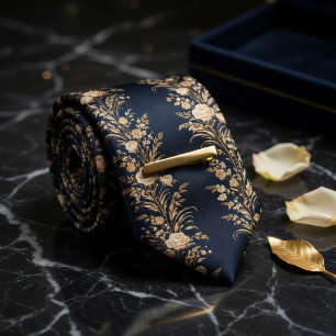 Middernacht Navy & Gouden Bloemrijke Luxe Stropdas