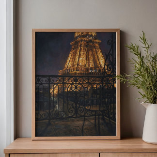 Middernacht Parijs Eiffeltoren Balkon Canvas Afdruk