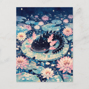 Middernacht Zwarte Kawaii Axolotl Vijver Briefkaart