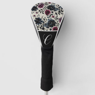 Middernachtblauw Bourgondië Inktkleurig Bloemmotie Golfheadcover