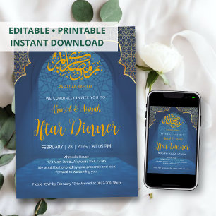 Middernachtblauw & Gouden Islamitische Boog Iftar- Kaart