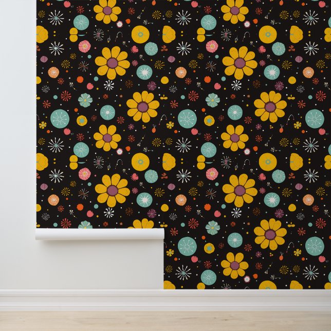 Middernachtbloei: Retro bloemenexplosie Behang (Applicatie)