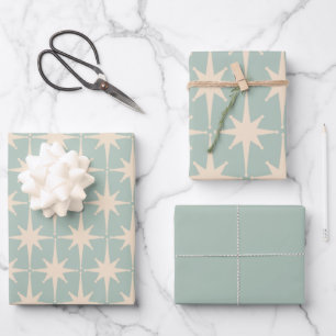 Mideeuw Modern Retro Starbursts Celadon Mint Inpakpapier Vel