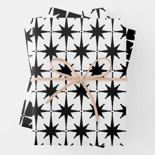 Mideeuw Moderne Retro Starbursts Zwart-wit Inpakpapier Vel (In situ)