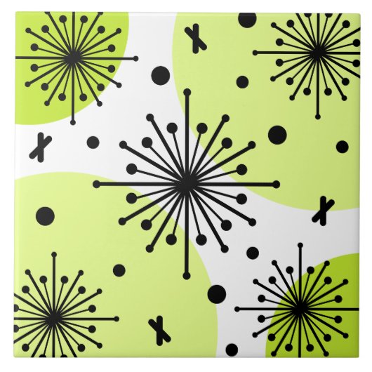 Mideeuw Sputnik Starbursts Chartreuse Tegeltje (Voorkant)