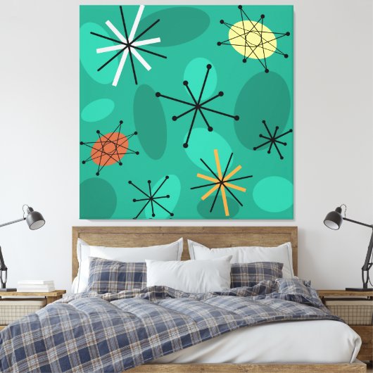 Mideeuw Sputnik Starbursts Turquoise Canvas Afdruk (Insitu (Slaapkamer))