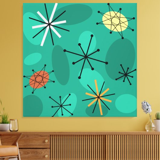 Mideeuw Sputnik Starbursts Turquoise Canvas Afdruk (Insitu (Woonkamer))