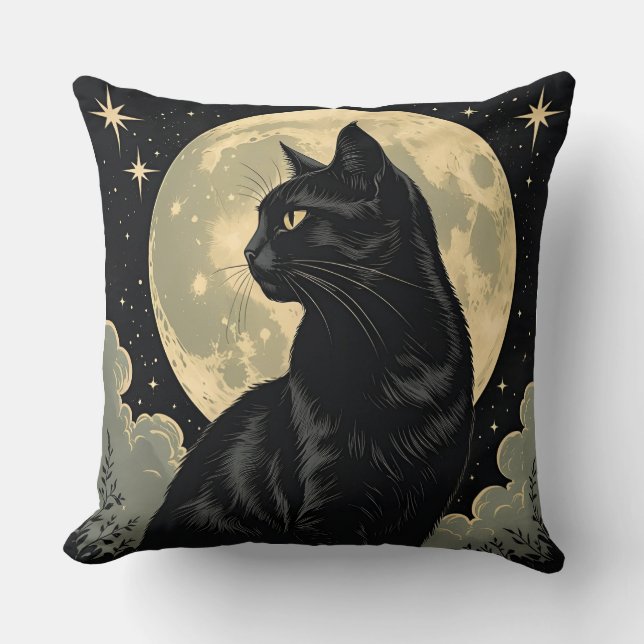 Midnight Black Cat & Moon |  Halloween kunst Kussen (Voorkant)