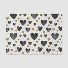 Midnight Black & Gold Glitter Watercolor Hearts Tissuepapier