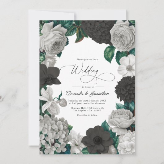 Midnight Black, Oyster Gray & Soft Linen Wedding Kaart (Voorkant)