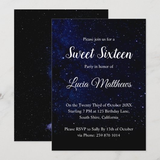 Midnight Black Stars Sweet sixteen Invitation (Devant / Derrière)