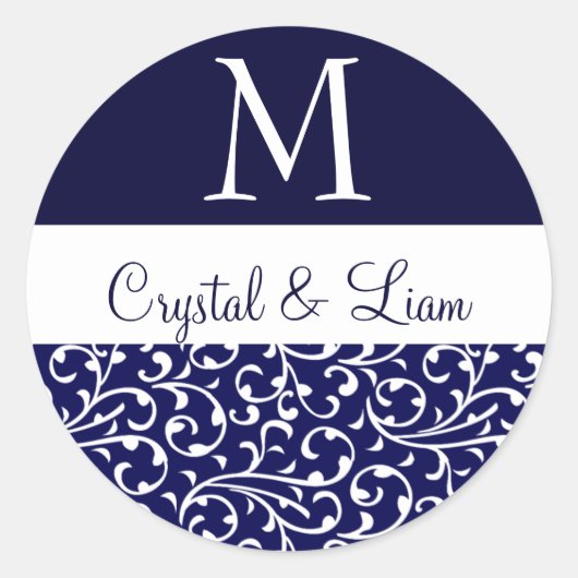 MIDNIGHT BLAUW EN WIT Damast Bruiloft Monogram Ronde Sticker (Voorkant)