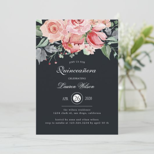 Midnight bloom blush floral Quinceanera Kaart (Staand voorkant)