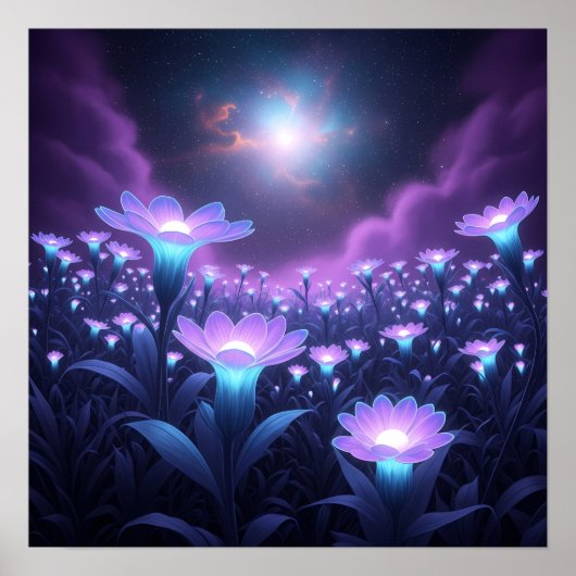 Midnight Bloom Field under Glowing Cosmic Sky Poster (Voorkant)