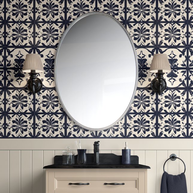 Midnight Bloom Tegels - Navy & Ivoor - Traditionee Behang (Midnight Floral Tiles Peel and Stick Wallpaper)
