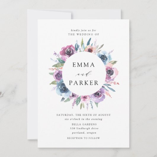 Midnight Blooms | Paarse en blauwe bloemenbruiloft Kaart (Voorkant)