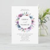 Midnight Blooms | Paarse en blauwe bloemenbruiloft Kaart (Staand voorkant)