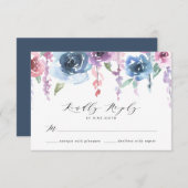 Midnight Blooms | Paarse en blauwe bloemenbruiloft RSVP Kaartje (Voorkant / Achterkant)
