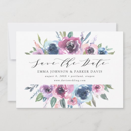 Midnight Blooms | Paarse en blauwe Floral Save The Date (Voorkant)