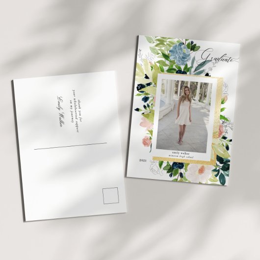 Midnight Blue Blush Bloemen Foto Afstuderen Aankondigingskaart