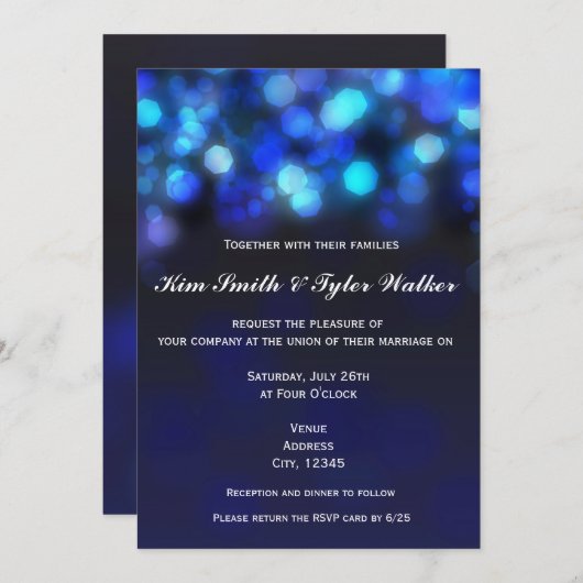 Midnight Blue Bokeh Light Sky Faire-part de mariag (Devant / Derrière)
