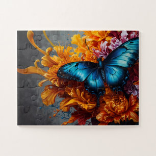 Midnight Blue Butterfly Deep Oranje Flowers Legpuzzel