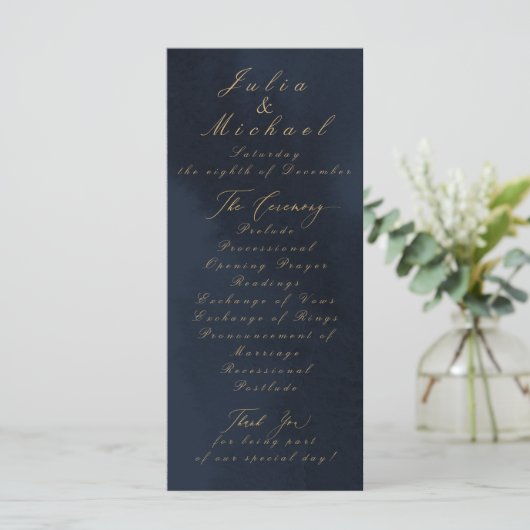Midnight Blue Calligraphy Wedding Program Kaart (Staand voorkant)