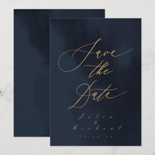 Midnight Blue Calligraphy Wedding Save the Date Kaart (Voorkant / Achterkant)
