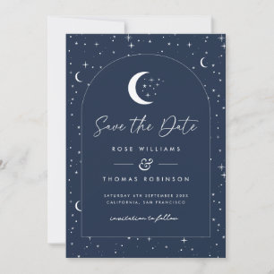 Midnight Blue Celestial Arched Bewaar de datum Save The Date