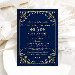 midnight Blue en Gold Art Deco Wedding Kaart