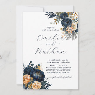 Midnight Blue en Gold Floral bruiloft Kaart