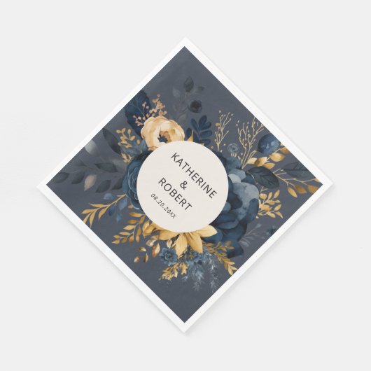 Midnight Blue en Goud Bloemen Trouwpapier Servet (Hoek)