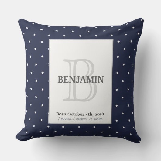 Midnight Blue en Monogram Birth Stats Keepomwille Kussen (Voorkant)