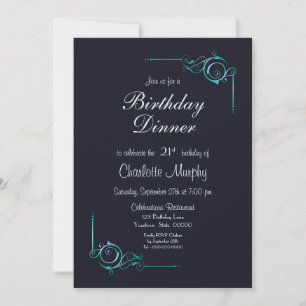 Midnight Blue en Turquoise 21st Birthday Dinner Kaart