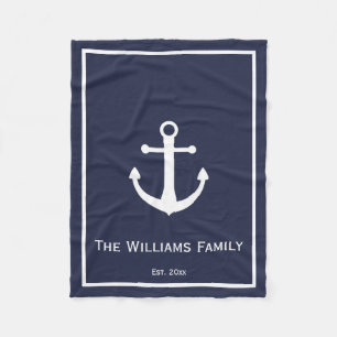 Midnight Blue en White Nautical Anchor Fleece Deken