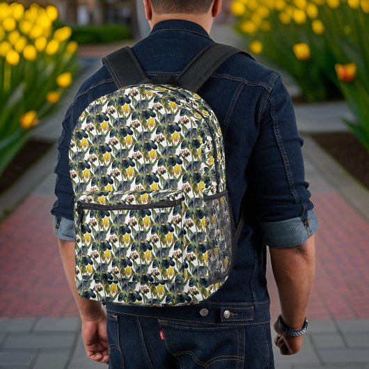 Midnight Blue en Yellow Iris Pattern Bedrukte Rugzak