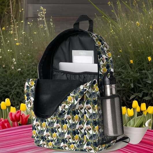 Midnight Blue en Yellow Iris Pattern Bedrukte Rugzak