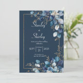 Midnight Blue Eucalyptus Wedding Kaart (Staand voorkant)
