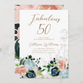 Midnight Blue Floral 50e anniversaire Invitation (Devant / Derrière)