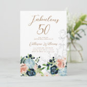 Midnight Blue Floral 50ste verjaardag uitnodiging (Staand voorkant)