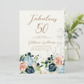Midnight Blue Floral 50ste verjaardag uitnodiging (Staand voorkant)